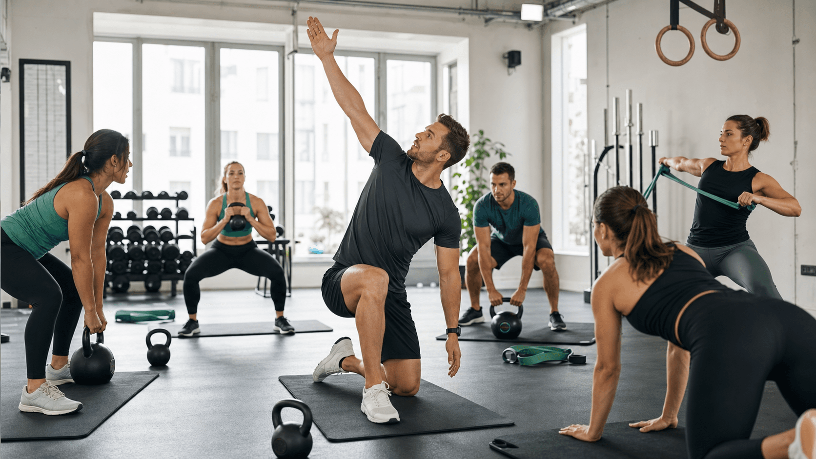 Instructor coaching a functional fitness class with varied equipment