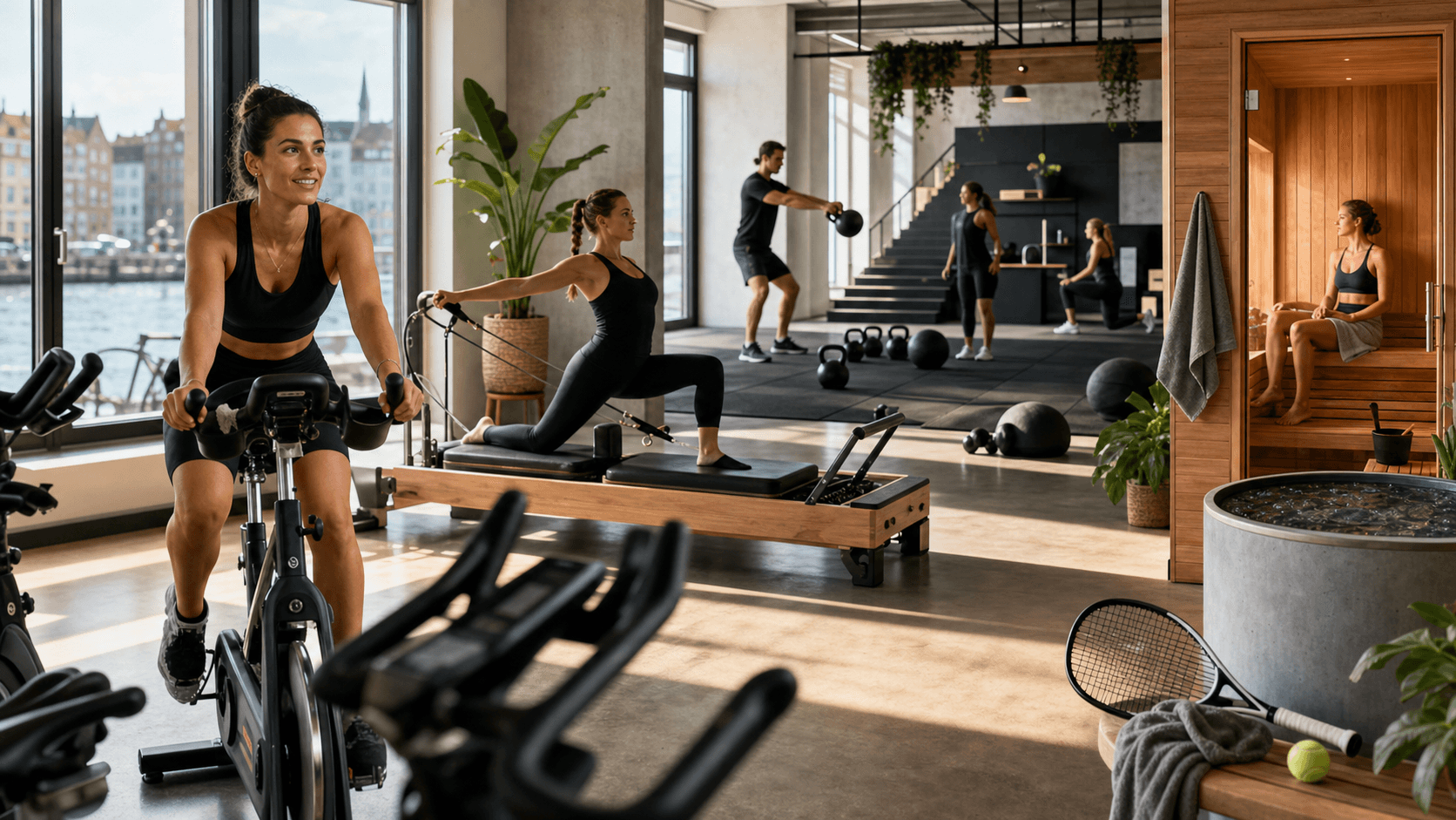 Copenhagen fitness studio with cycling, reformer pilates, HIIT, sauna recovery, and racket sport equipment