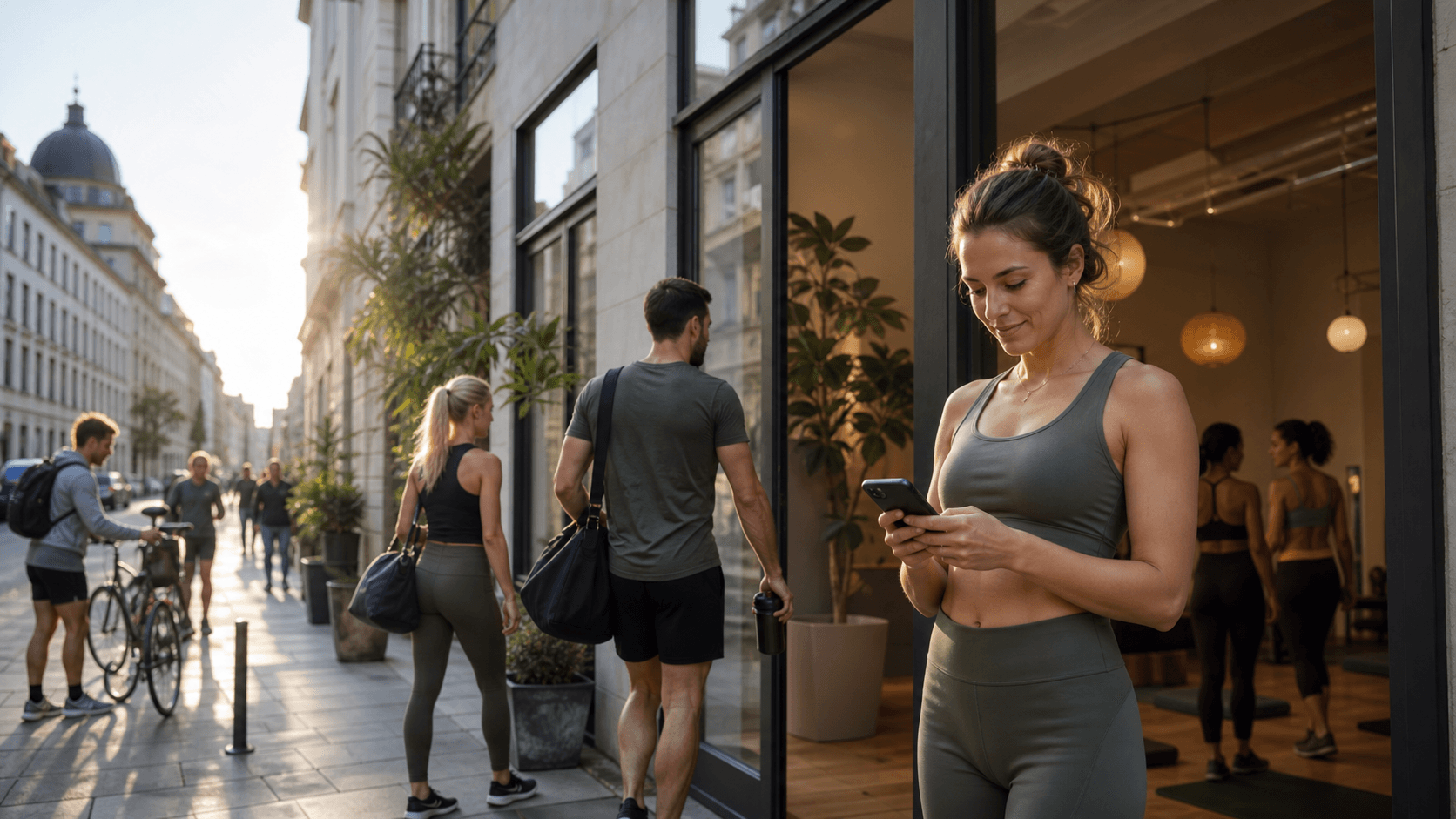 European city street with boutique fitness studios and instructors arriving