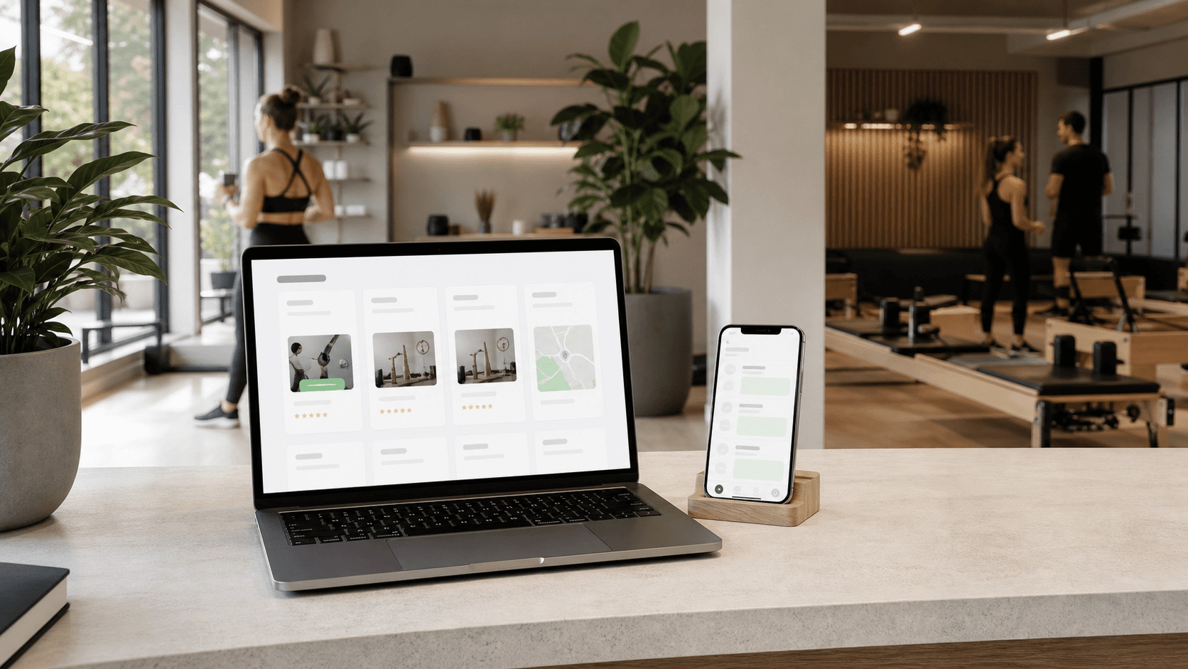 Fitness studio desk with abstract digital marketplace tools on laptop and phone