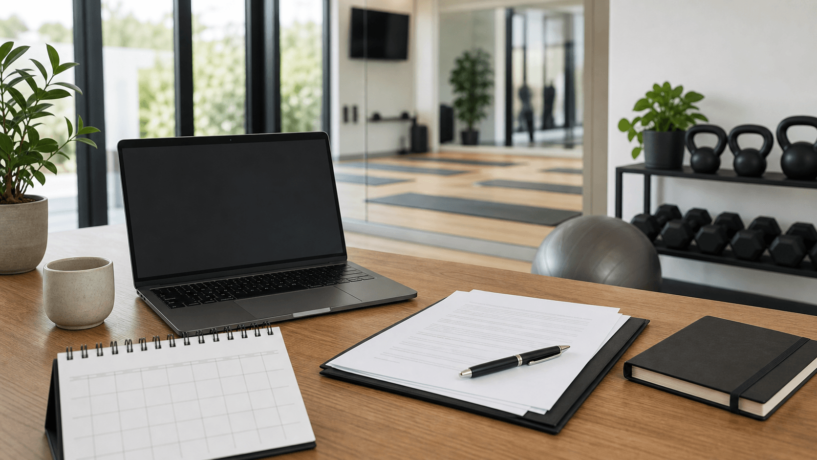 Fitness instructor contract papers and laptop in a studio office