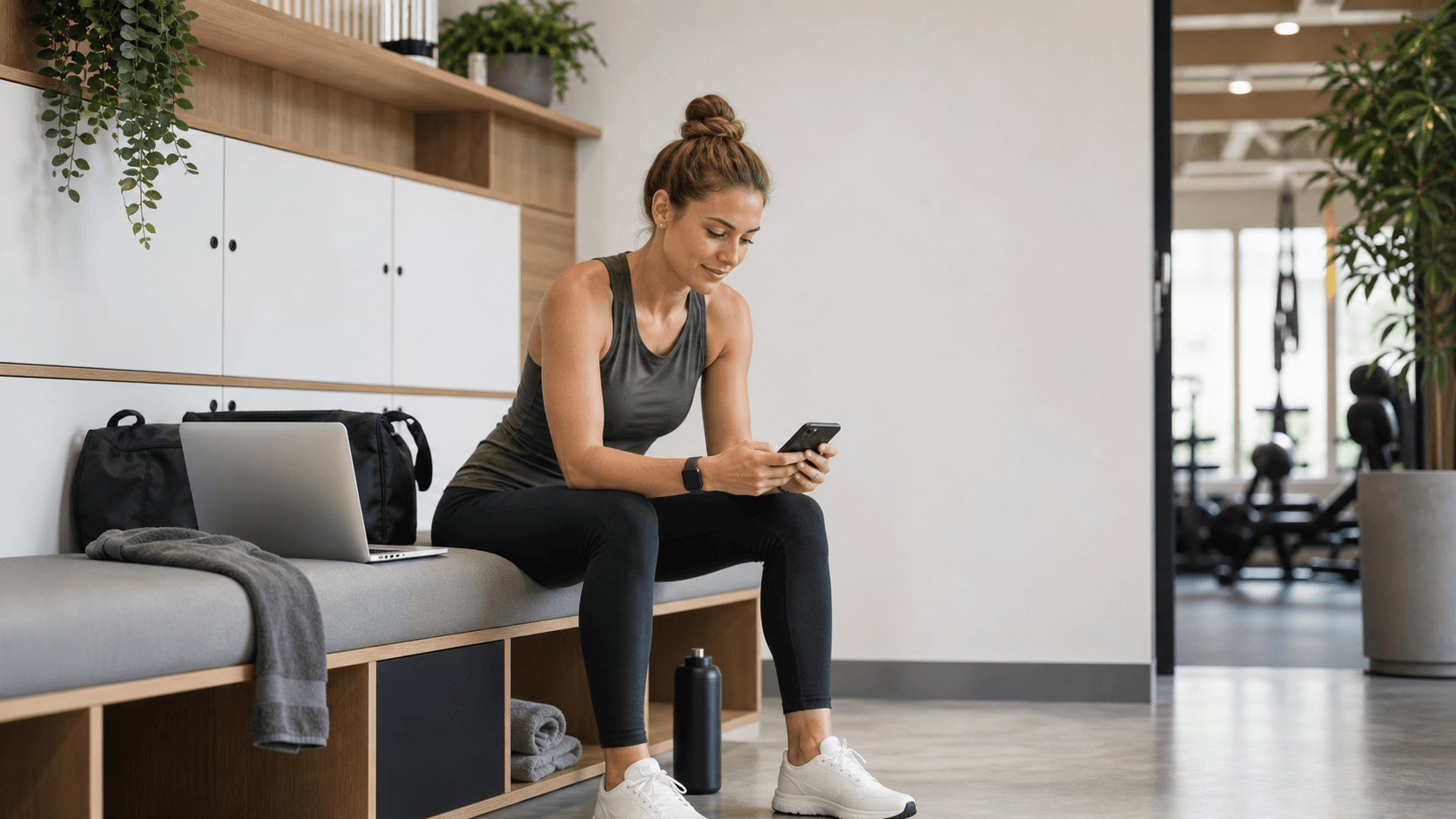 Fitness instructor updating a professional profile in a modern European studio