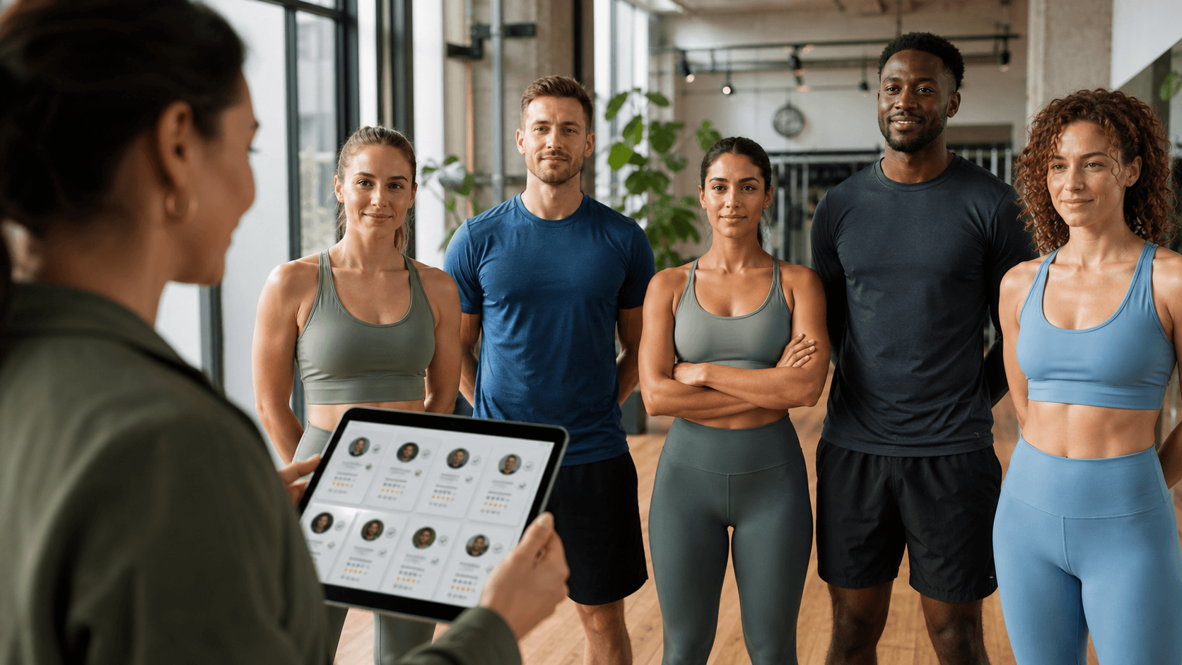 Diverse European fitness instructors with a studio manager reviewing profiles