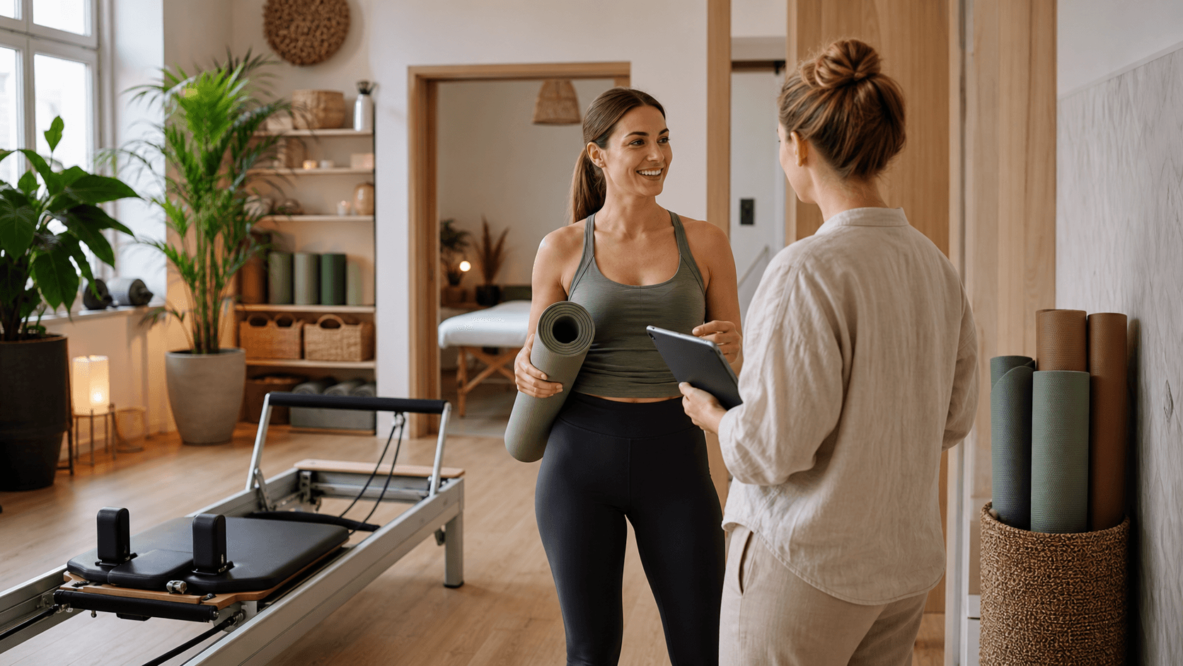 Pilates instructor speaking with a wellness center manager in Europe