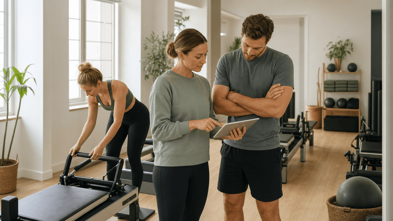 European studio manager planning instructor cover with fitness instructors