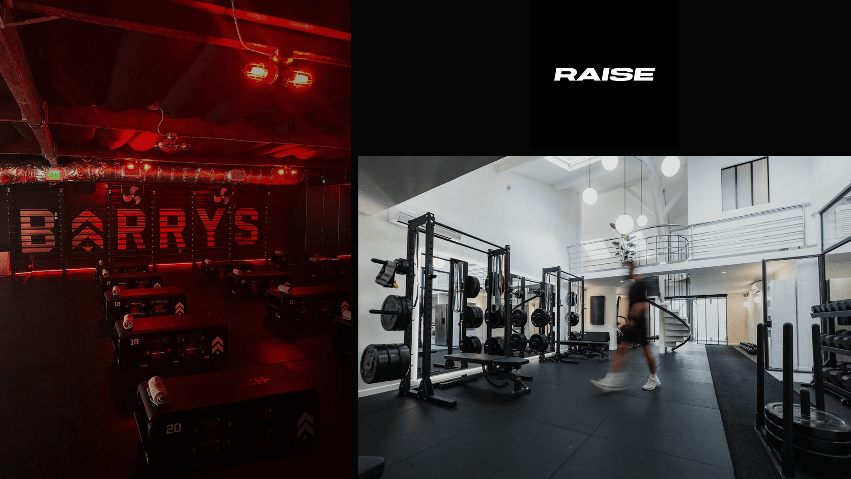 Barry's studio training room and RAISE Training Club imagery for a guest fitness instructor gig between Copenhagen and Nice